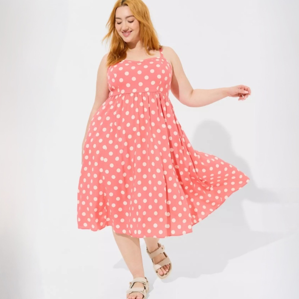 NWT Torrid Midi Challis Sweetheart Midi Dress— Pink & White Polka Dot Print - Picture 3 of 7